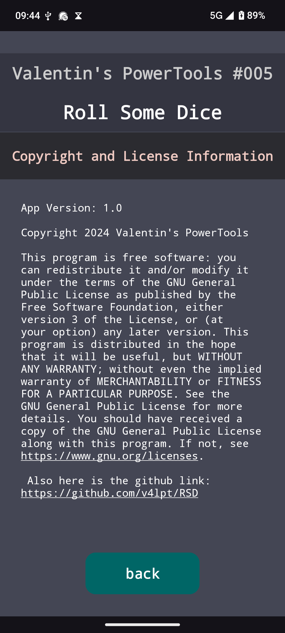 Screenshot of Valentin's PowerTools #005 - Roll Some Dice